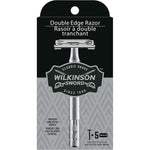 Wilkinson Sword double edge safety razor front view showcasing textured long metal handle