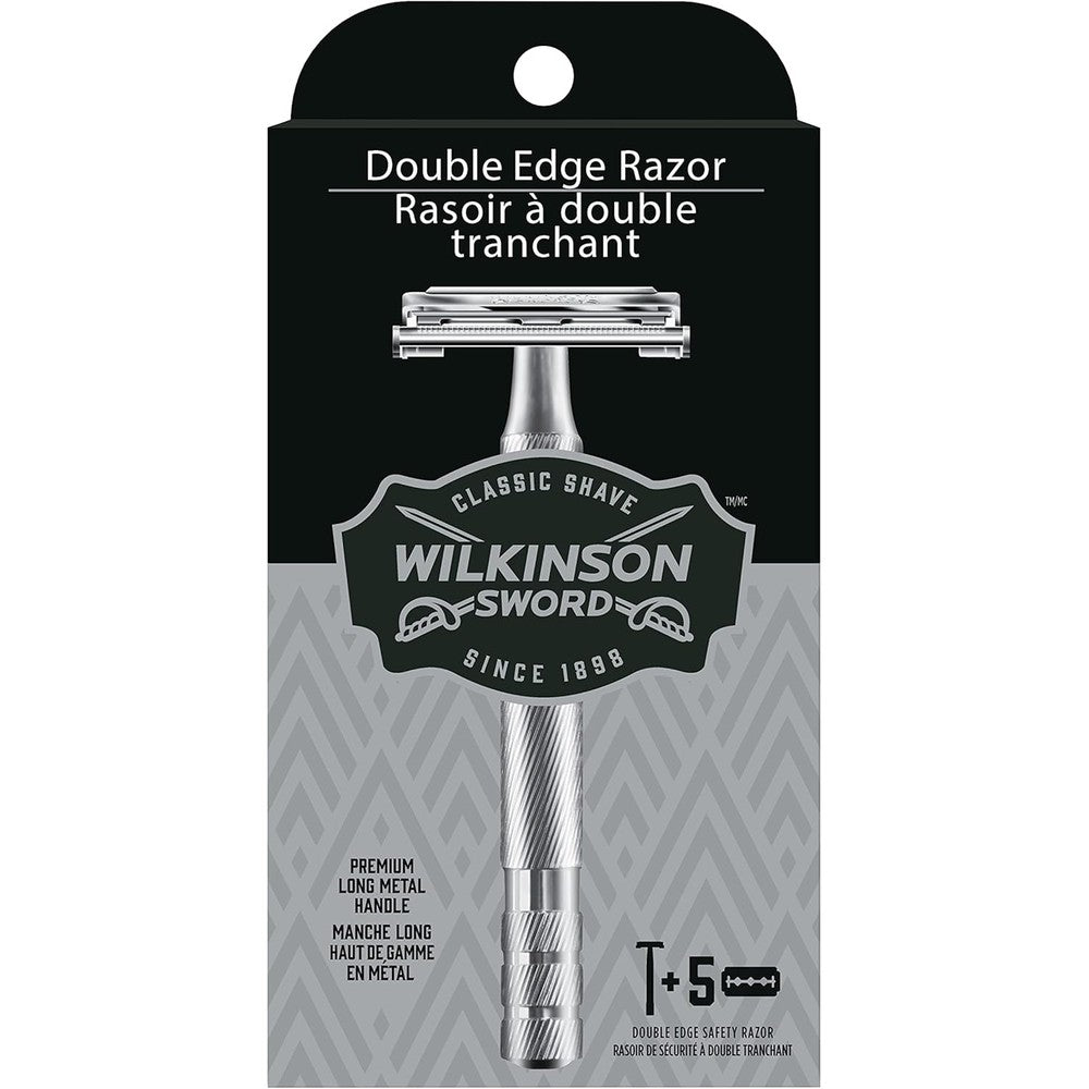 Wilkinson Sword double edge safety razor front view showcasing textured long metal handle