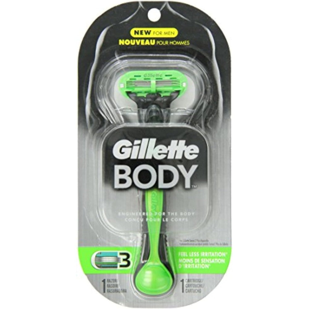 Gillette Body razor for men with green anti-slip handle and three-blade cartridge, front view