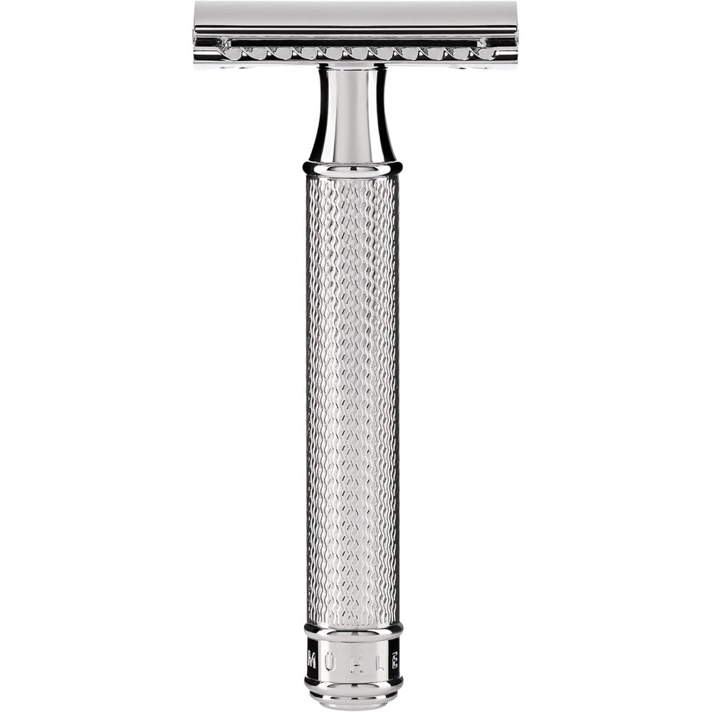 Mühle Traditional R89 safety razor front view showcasing chrome plated finish