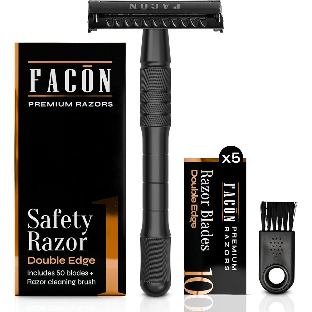 Facón Double Edge Safety Razor front view showing gun metal finish handle and closed butterfly head.