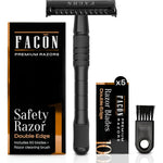 Facón Double Edge Safety Razor front view showing gun metal finish handle and closed butterfly head.