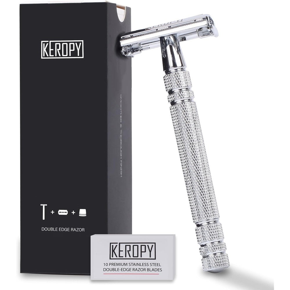 Keropy double edge safety razor kit front view premium close shaving system