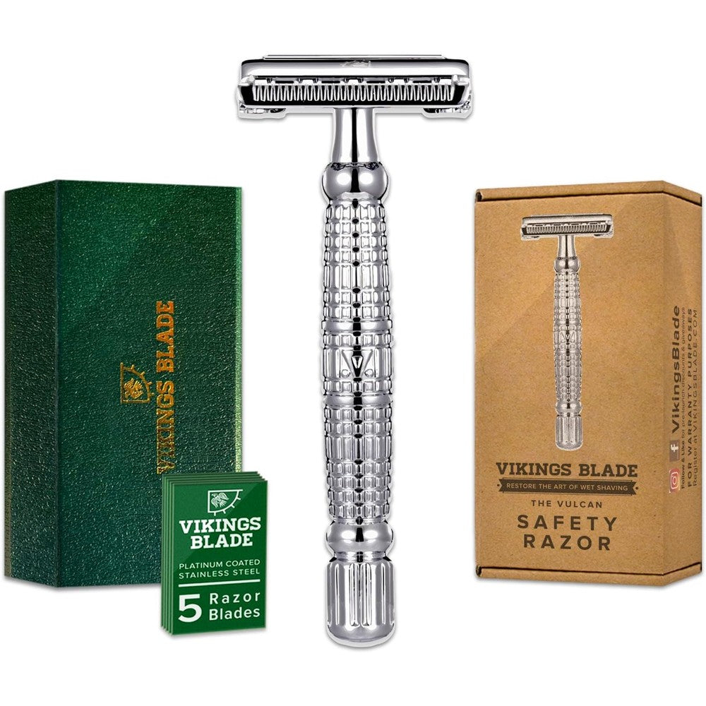Vikings Blade The Vulcan double edge safety razor front view showcasing textured long handle.