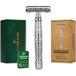 Vikings Blade The Vulcan double edge safety razor front view showcasing textured long handle.
