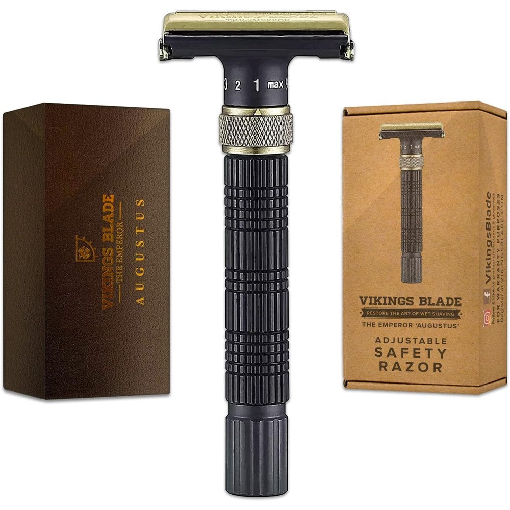 Vikings Blade Emperor Augustus adjustable safety razor front view showcasing vintage bronze handle
