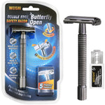 WEISHI butterfly open double edge safety razor front view showcasing chrome finish