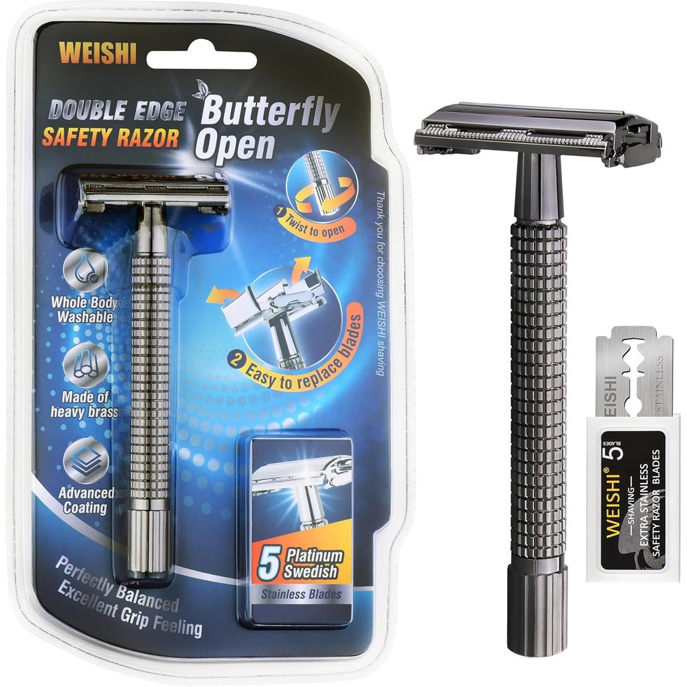 WEISHI butterfly open double edge safety razor front view showcasing chrome finish
