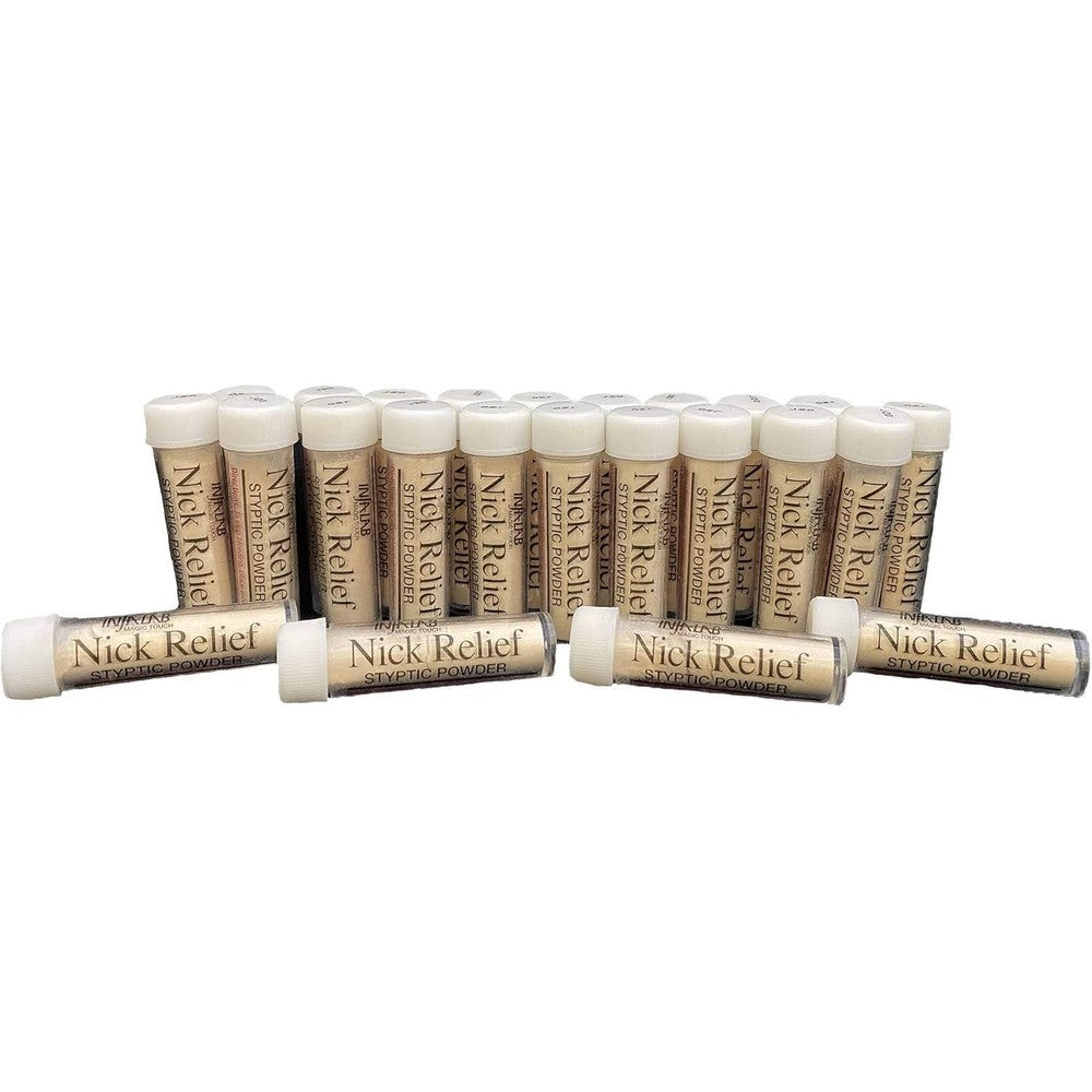Infa-Lab Magic Touch Nick Relief Styptic Powder front view of twenty-four count bulk display box for professional grooming first aid