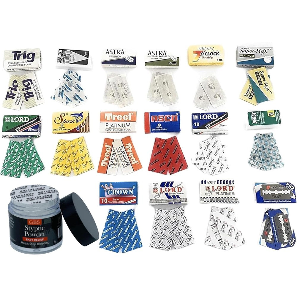 G.B.S. Styptic Powder jar and 32 blade variety pack front view