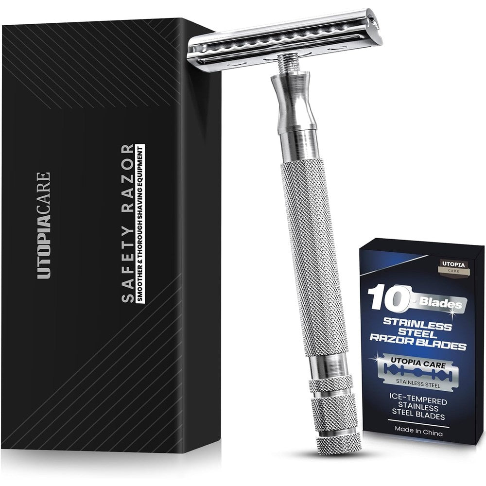Utopia Care double edge safety razor front view showcasing silver chrome finish.