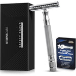 Utopia Care double edge safety razor front view showcasing silver chrome finish.
