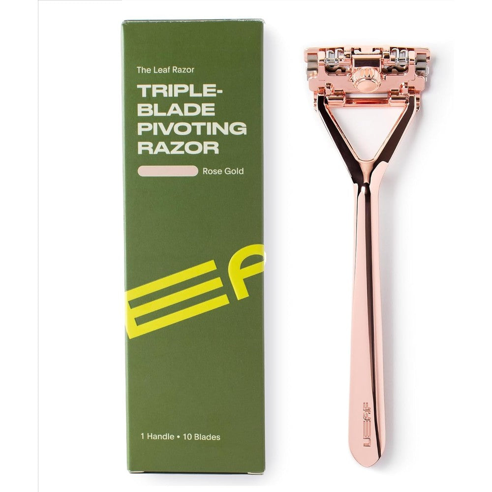 Leaf Shave All Metal Safety Razor Rose Gold front view showing triple blade pivoting head