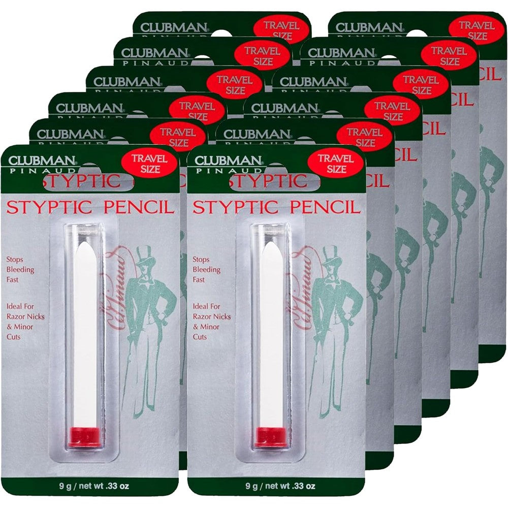 Clubman Pinaud Travel Size Styptic Pencil twelve pack front view showing the retail packaging