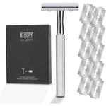 Keropy double edge safety razor front view with glossy silver handle