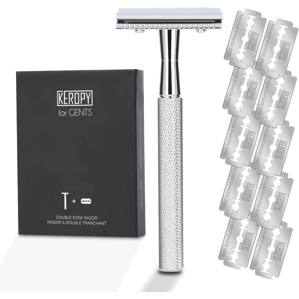 Keropy double edge safety razor front view with glossy silver handle