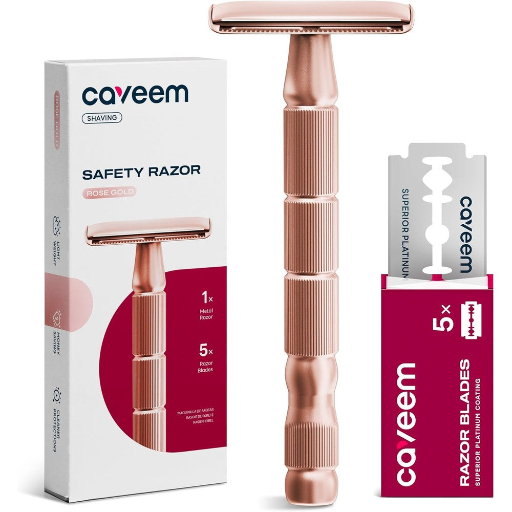 CAVEEM rose gold double edge safety razor front view premium metallic shaver