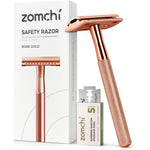 ZOMCHI safety razor front view showing rose gold finish and five double edge blades.