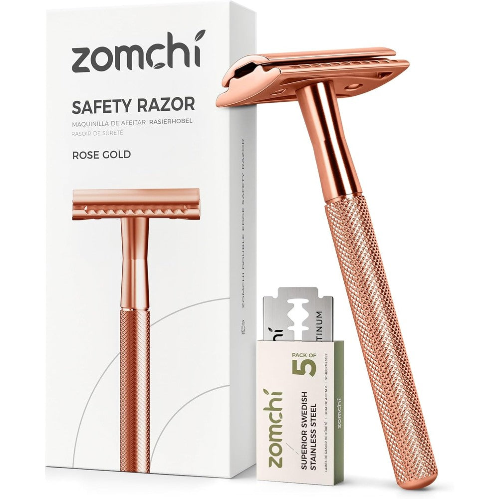 ZOMCHI safety razor front view showing rose gold finish and five double edge blades.