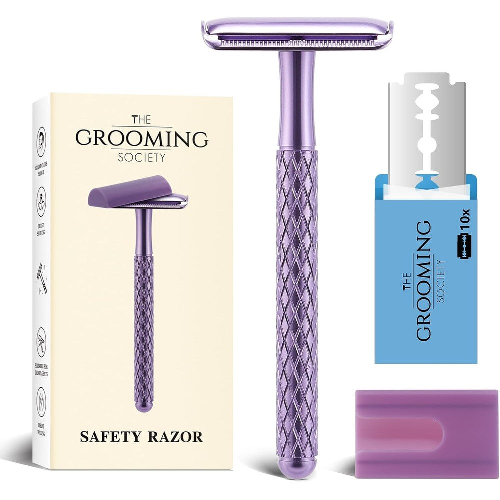 The Grooming Society double edge safety razor purple front view showing premium metal finish