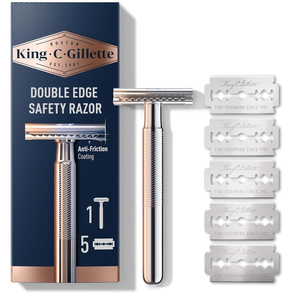 King C. Gillette Double Edge Safety Razor front view of chrome handle and premium packaging.