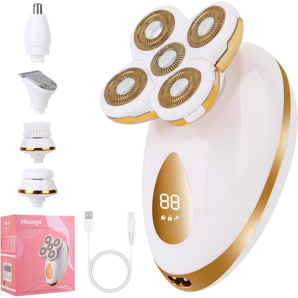 Mosago 5 in 1 electric razor for women front view showcasing white body with gold accents