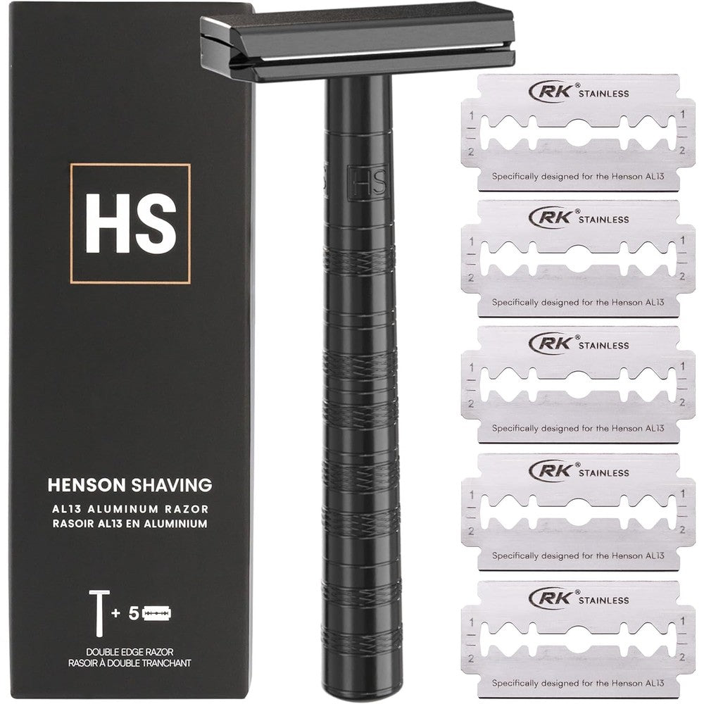 Henson Shaving AL13 Jet Black safety razor front view showcasing the sleek aerospace aluminum design