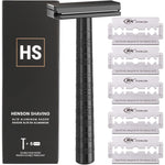 Henson Shaving AL13 Jet Black safety razor front view showcasing the sleek aerospace aluminum design