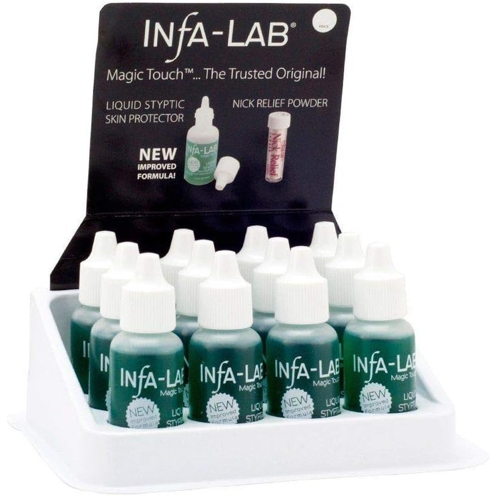 Infalab Magic Touch Liquid Styptic Skin Protector twelve bottle display front view for professional salon use