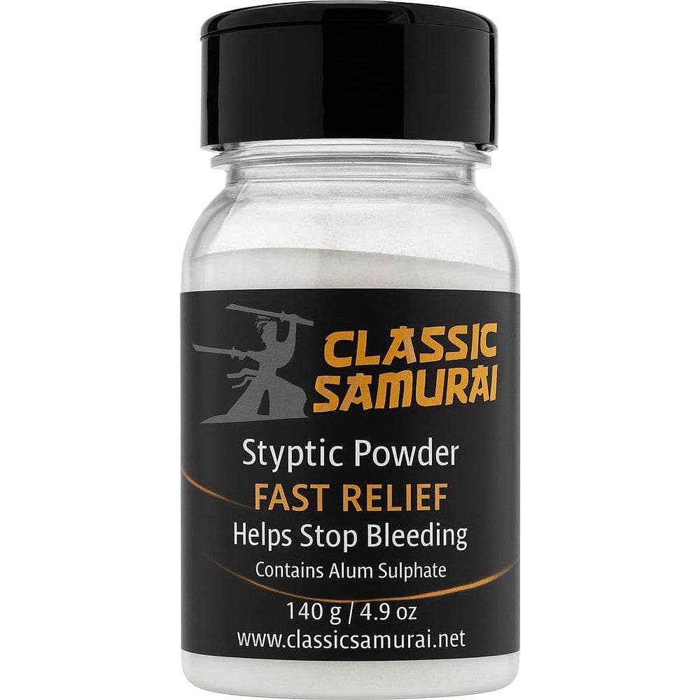Classic Samurai Natural Alum Styptic Powder front packaging for shaving cuts