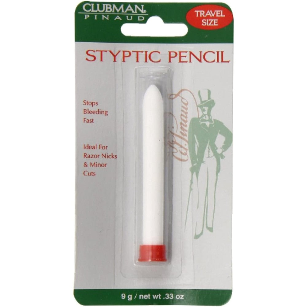 Clubman Pinaud Styptic Pencil three pack front view showing the travel size packaging for razor nick relief.