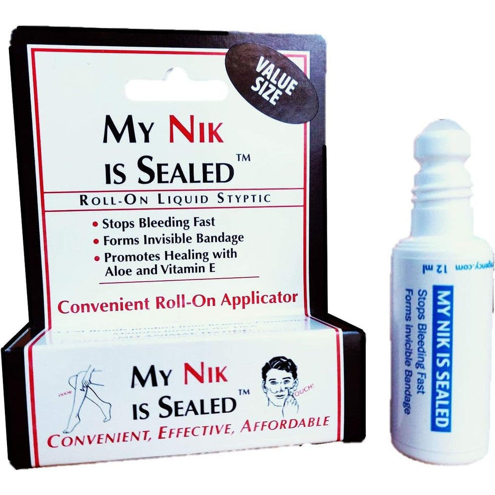 My Nik Is Sealed Roll On Liquid Styptic 12ml value size front view for instant first aid bleeding control.