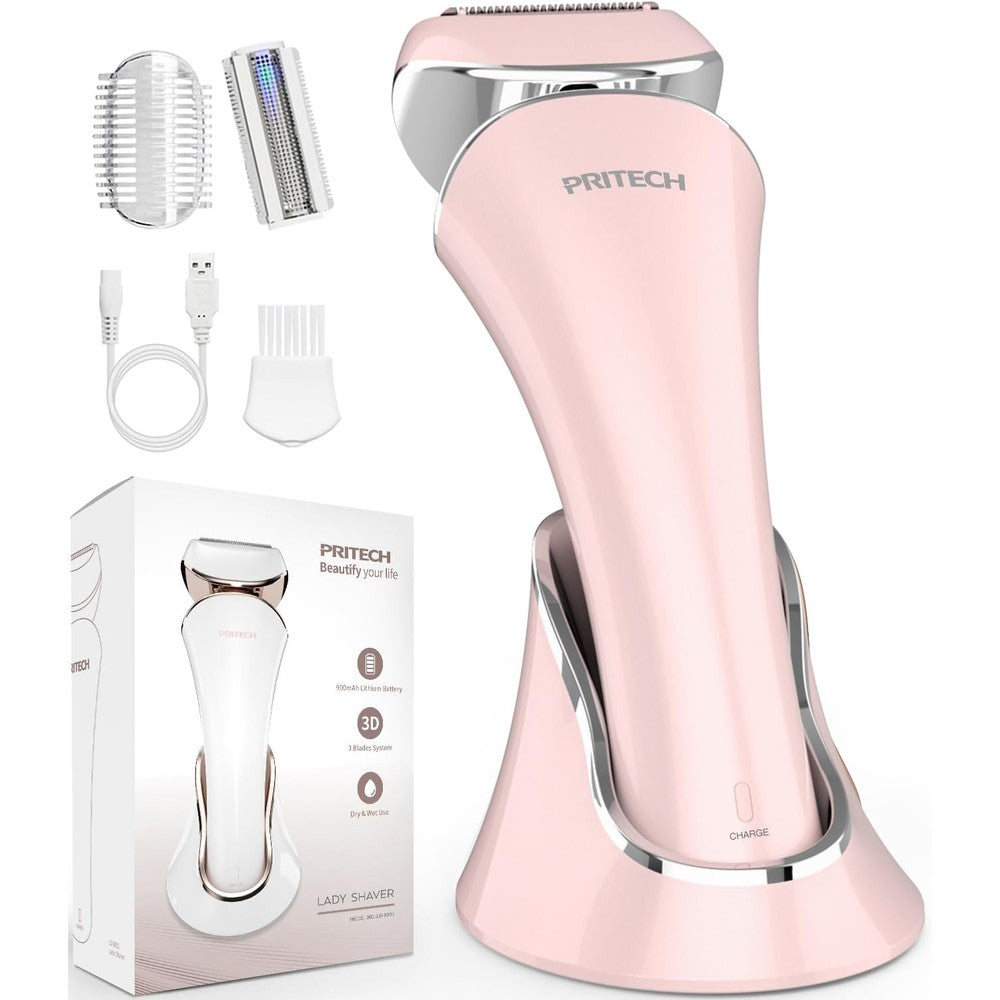 Pritech electric shaver for women front view showing pink body and premium 3-in-1 blade system.