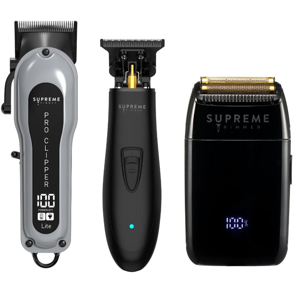 Supreme Trimmer 3-in-1 Barber Bundle front view showing the pro clipper lite trimmer and foil shaver
