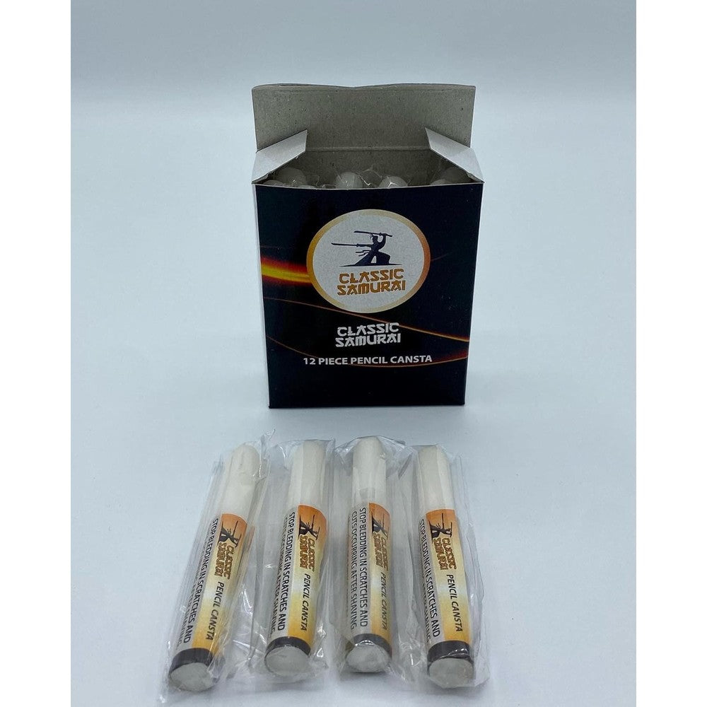 Classic Samurai Styptic Pen 12 Pack front view showcasing the traditional shaving alum block packaging for minor cut treatment.