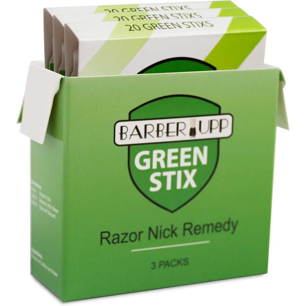 BARBERUPP Styptic Stick Green Stix 3 pack front view showing the green packaging for razor nick remedy.