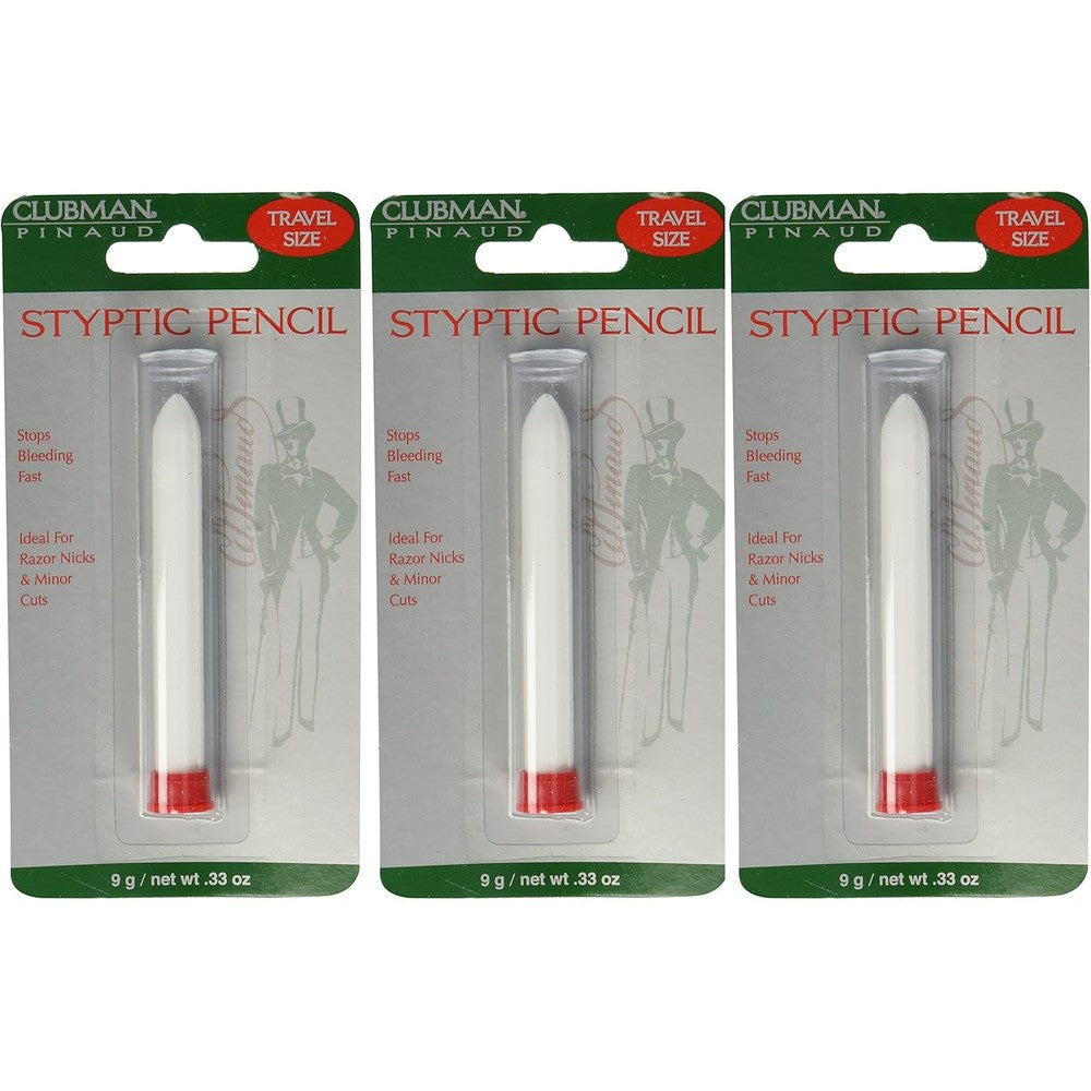 Clubman Pinaud Styptic Pencil front view of three pack packaging for shaving nick relief.