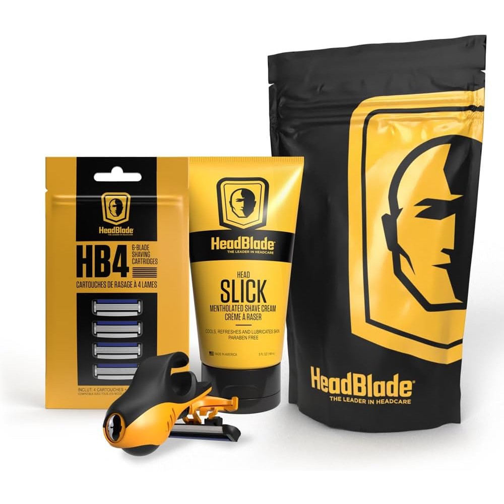 HeadBlade MOTO Men Head Shaving Starter Kit front view showing yellow and black ergonomic razor packaging