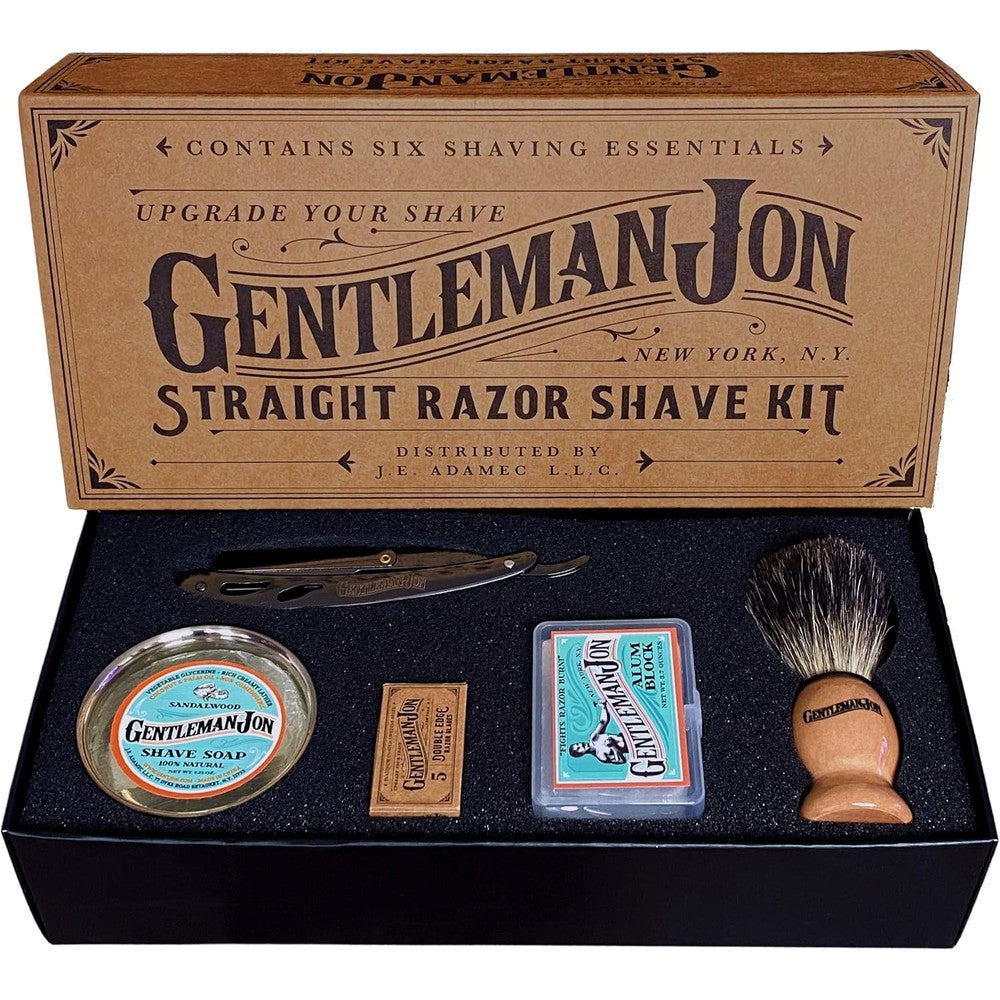 Gentleman Jon Straight Razor Shaving Kit front view of complete six piece vintage wet shave set