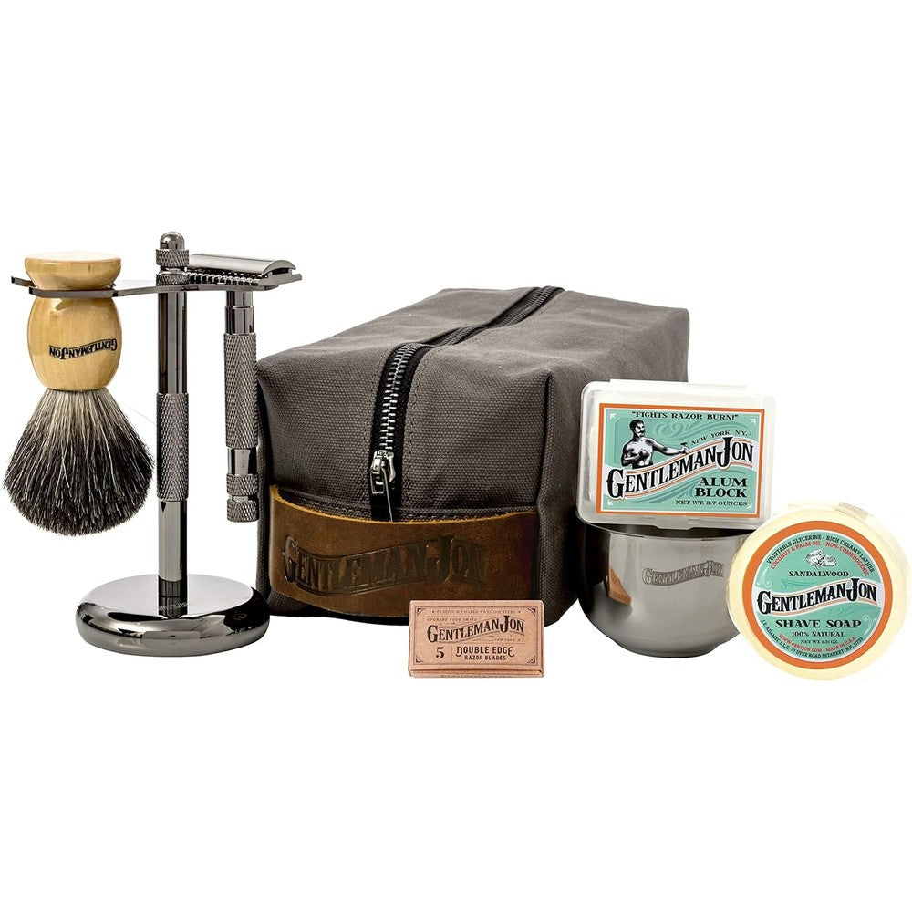Gentleman Jon Deluxe Vintage Shaving Kit front view showing the safety razor, badger brush, and canvas dopp kit.