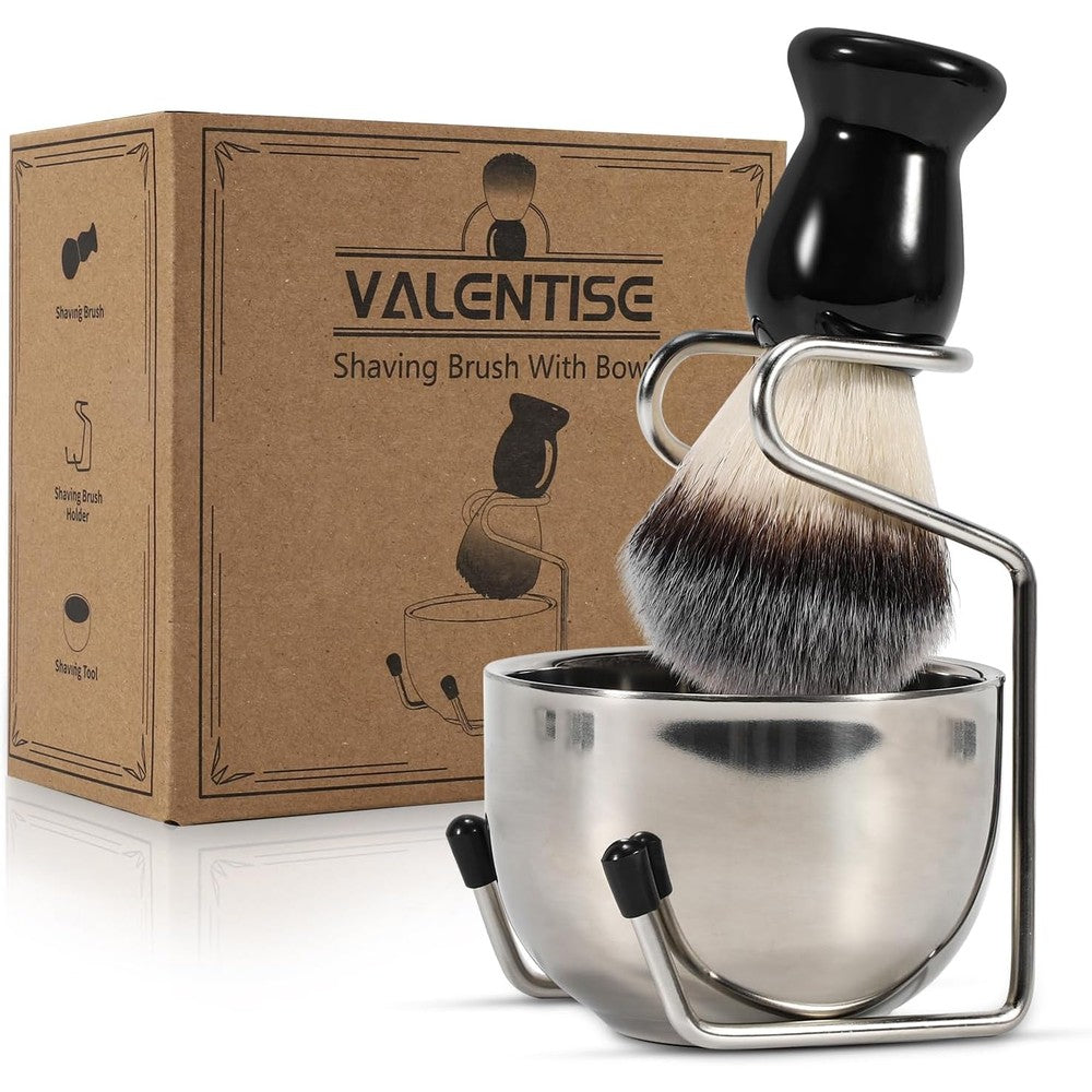 Valentise 3 in 1 shaving brush set front view featuring brush stand and bowl for wet shaving.
