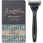Jeremy's Razors Precision 5 Blade Razor front view showing the ergonomic black handle and five blade cartridge.
