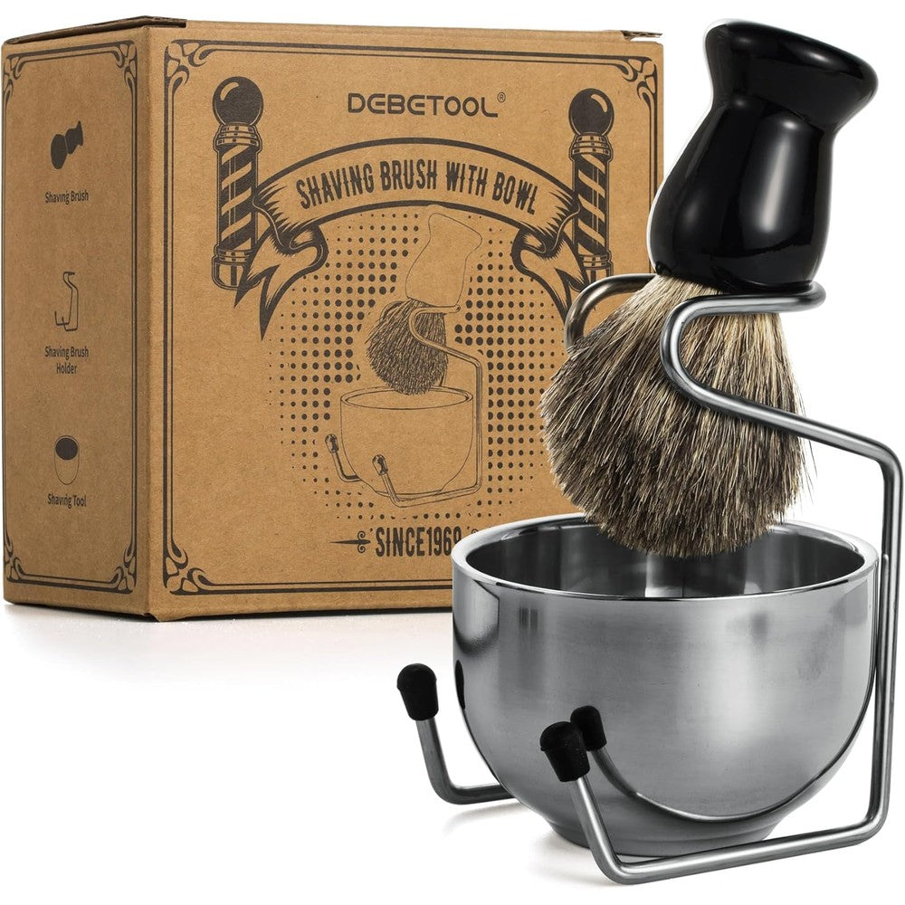 Debetool pure badger hair shaving brush and stainless steel bowl set front view traditional grooming kit