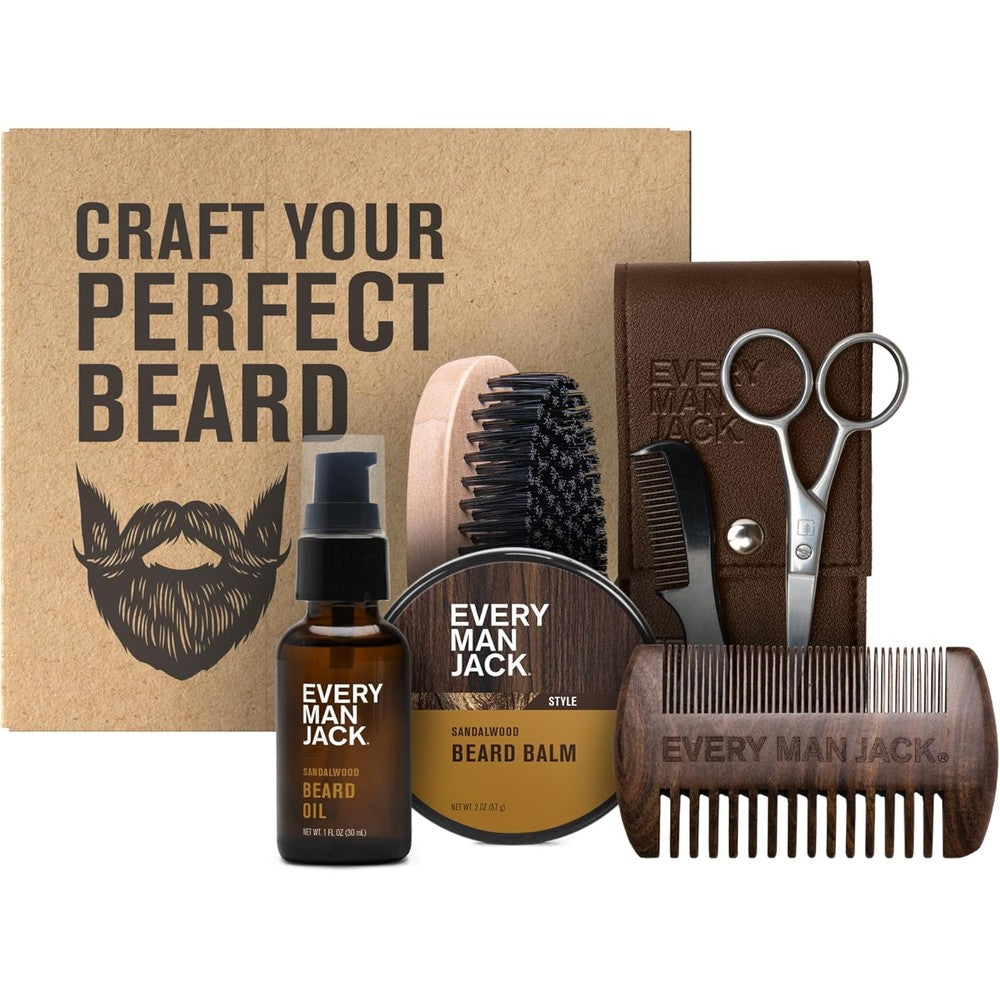 Every Man Jack Sandalwood Beard Grooming Kit front view showcasing six styling pieces
