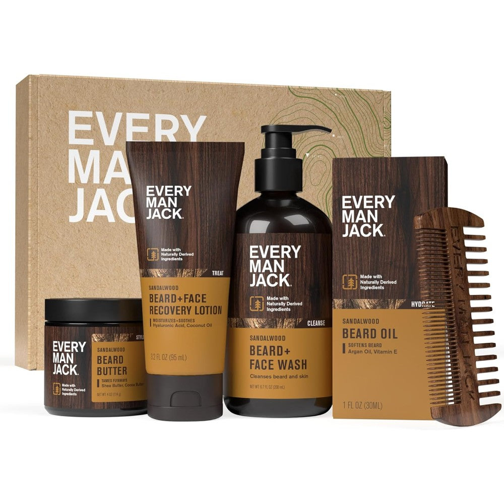 Every Man Jack Sandalwood Beard Essentials Gift Set front packaging view showing five grooming products.