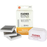 Feather Brand styling razor standard blades bonus value pack front view showcasing the thirty count packaging and blade disposal case.