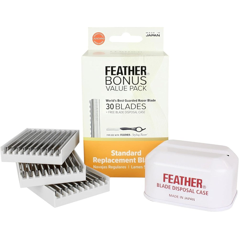 Feather Brand styling razor standard blades bonus value pack front view showcasing the thirty count packaging and blade disposal case.