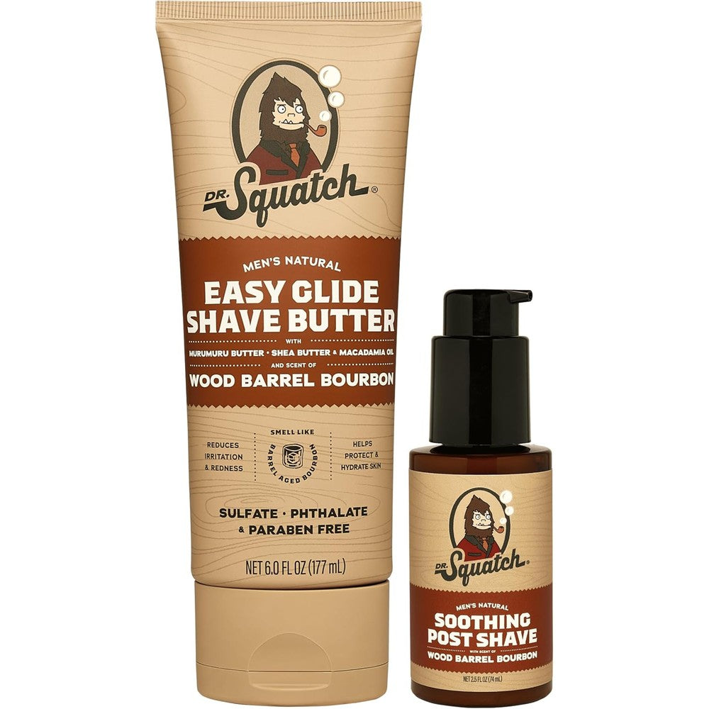 Dr. Squatch Wood Barrel Bourbon Smooth Shave Bundle front view showing the natural shave butter and post-shave balm tubes.