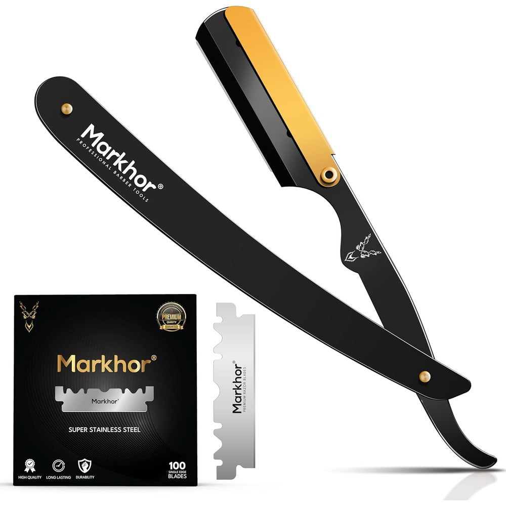 Markhor matte black straight razor with 24K gold detail front view