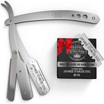Shaving Revolution barber straight razor kit front view with blades
